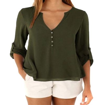 Andongnywell Women Button V-Neck Casual Tops T-Shirt Loose Top Blouse pull sleeve loose chiffon shirt (Army Green,6,3X-Large)