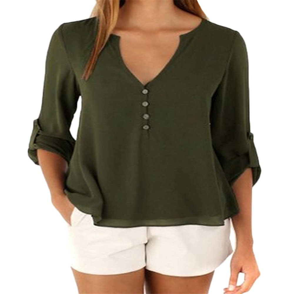 Andongnywell Women Button V-Neck Casual Tops T-Shirt Loose Top Blouse pull sleeve loose chiffon shirt (Army Green,6,3X-Large)