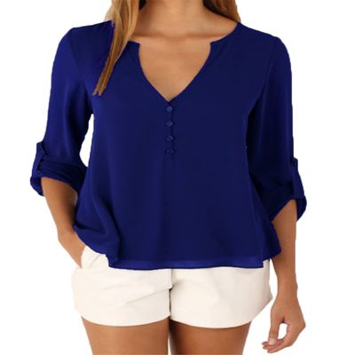 Andongnywell Women's Casual V Neck Long Sleeves Solid Chiffon Blouse Top pull sleeve loose chiffon shirt (Dark Blue,6,3X-Large)