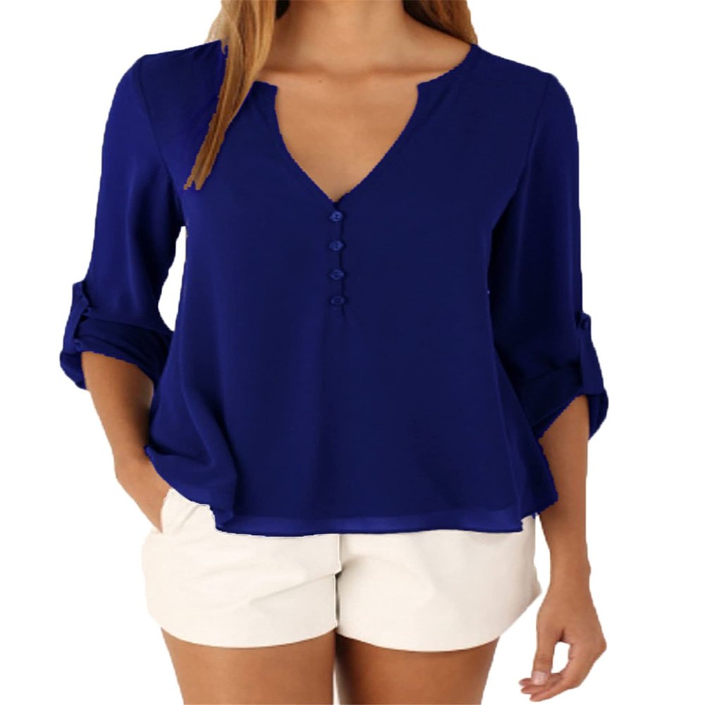 Andongnywell Women's Casual V Neck Long Sleeves Solid Chiffon Blouse Top pull sleeve loose chiffon shirt (Dark Blue,6,3X-Large)