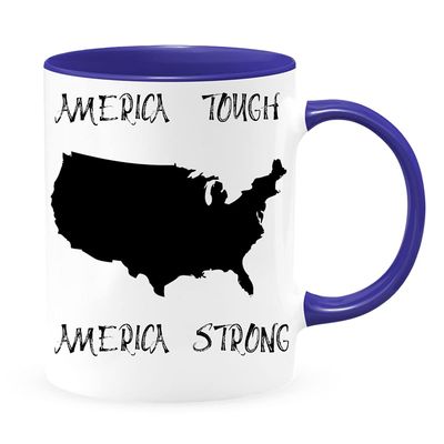 American Mug - American Tough, America Strong, American Map, Coffee Mug, White with Colored Inside and Handle