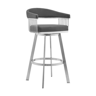 Armen Living Bronson 29" Gray Faux Leather and Brushed Stainless Steel Swivel Bar Stool