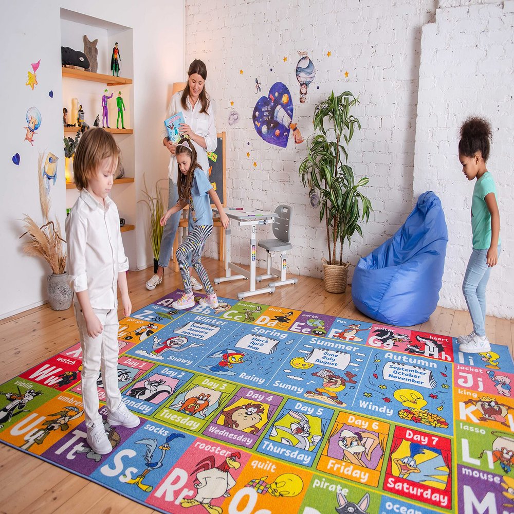 Looney Tunes Educational Kids Rug  ABC Alphabet, Seasons, Months & Days Learning Mat  Soft Interactive Carpet for Classroom, Playroom & Bedroom 8x10