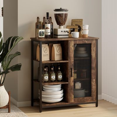 LVSOMT Mini Coffee Bar Cabinet with Storage, 27.5'' Small Kitchen Bar Table, Cute Corner Bar Cabinet for Tea, Buffet Sideboard Cabinet for Dining Room, Farmhouse Coffee Station for Wine (Brown)