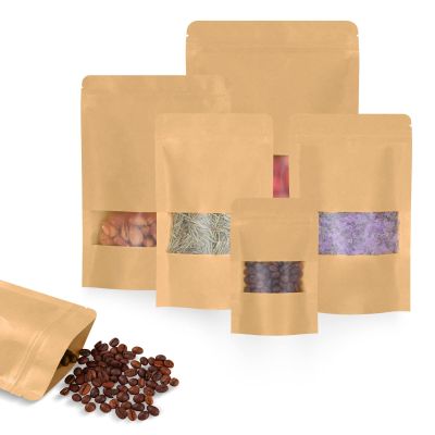 Larzack 100pcs Kraft Bags with Window 7.1x10 Inches Brown Reusable Sealable Zip Lock Food Storage Stand up Paper Pouches for Home or Business