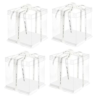 10 Inch Clear Cake Box,4 Pcs 10" X 10" X 9" Transparent Cake Box with Ribbon for 8" Cakes-Tall Cake Boxs- Clear Gift Boxes with Lid for Wedding Party and Gift Display (White-4 Set)