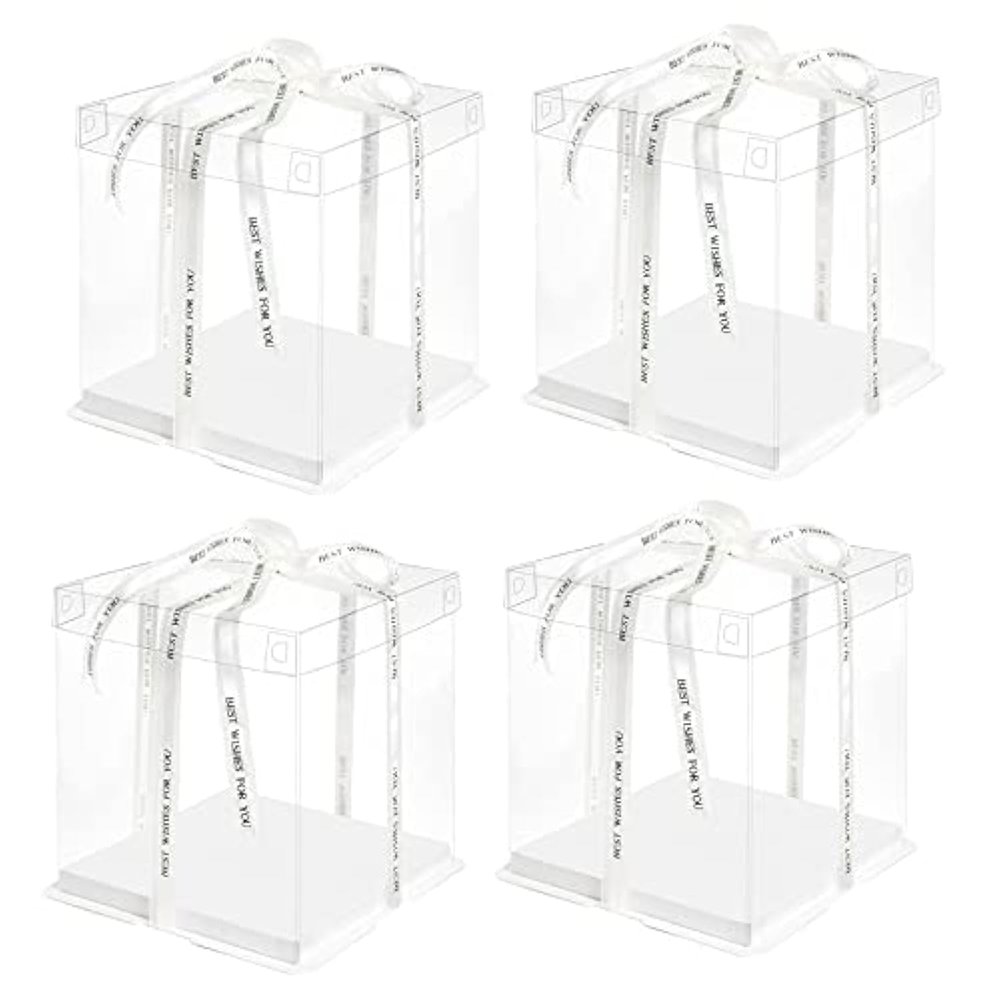 10 Inch Clear Cake Box,4 Pcs 10" X 10" X 9" Transparent Cake Box with Ribbon for 8" Cakes-Tall Cake Boxs- Clear Gift Boxes with Lid for Wedding Party and Gift Display (White-4 Set)