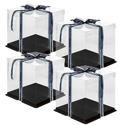 10 Inch Clear Cake Box,4 Pcs 10" X 10" X 9" Transparent Cake Box with Ribbon for 8" Cakes- Tall Cake Boxs- Clear Gift Boxes with Lid for Wedding Party and Gift Display (Black-4 Set)