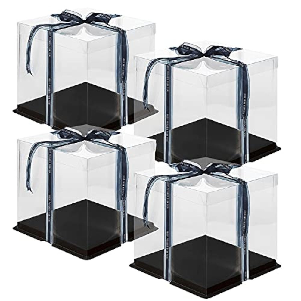 10 Inch Clear Cake Box,4 Pcs 10" X 10" X 9" Transparent Cake Box with Ribbon for 8" Cakes- Tall Cake Boxs- Clear Gift Boxes with Lid for Wedding Party and Gift Display (Black-4 Set)