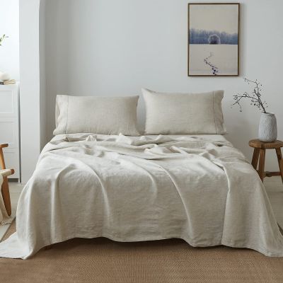 Simple&Opulence 100% French Linen Sheet Set Handmade Hemstitch-3 Pcs Natural Flax Farmhouse Bed Sheets(1 Flat Sheet 1 Fitted Sheet 1 Pillowcase)-Solid Color Soft Breathable Bedding-Linen, Twin