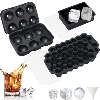 4 Pack Silicone Large Round Ice Cube Tray, Ice Cube Tray, Ice Trays for Freezer With Lid, Sphere Square Honeycomb Ice Trays for Whiskey With Covers&Funnel, Reusable Whiskey Ice Ball Mold (black)