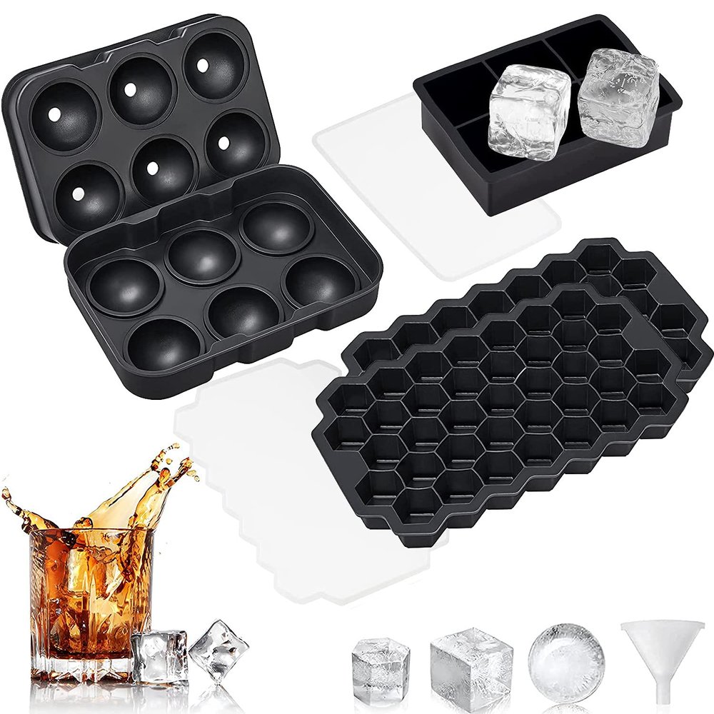 4 Pack Silicone Large Round Ice Cube Tray, Ice Cube Tray, Ice Trays for Freezer With Lid, Sphere Square Honeycomb Ice Trays for Whiskey With Covers&Funnel, Reusable Whiskey Ice Ball Mold (black)