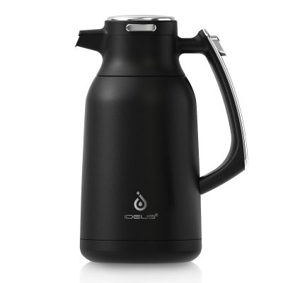 IDEUS Thermal Coffee Carafe 68oz (2,000ml), Stainless Steel Double Wall Insulated Vacuum Flask, Water Jug Coffee Server and Beverage Dispenser, Heat and Cold Retention (Black-Silver, 68oz (2,000ml))