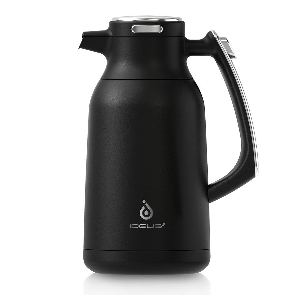 IDEUS Thermal Coffee Carafe 68oz (2,000ml), Stainless Steel Double Wall Insulated Vacuum Flask, Water Jug Coffee Server and Beverage Dispenser, Heat and Cold Retention (Black-Silver, 68oz (2,000ml))
