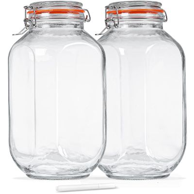 1 Gallon Square Glass Storage Jars with Airtight Lids, 2 Pack Large Glass Pickle Jars for Fermenting, Clear Glass Canister for Flour, Cookie, Candy, Kombucha, Sun tea(Extra Labels and Gasket)
