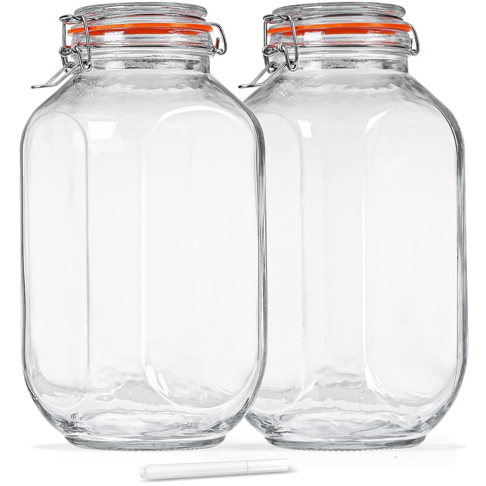 1 Gallon Square Glass Storage Jars with Airtight Lids, 2 Pack Large Glass Pickle Jars for Fermenting, Clear Glass Canister for Flour, Cookie, Candy, Kombucha, Sun tea(Extra Labels and Gasket)