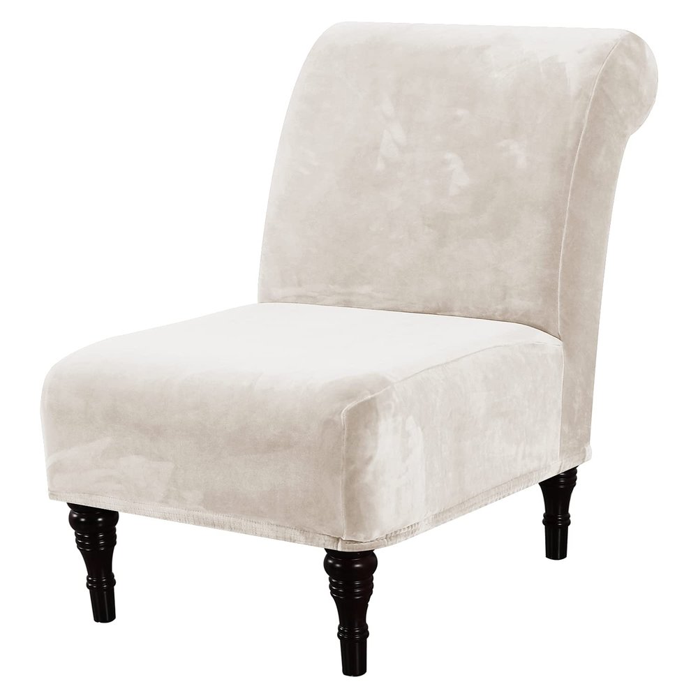 H.VERSAILTEX Armless Accent Chair Covers Thick Velvet Armless Chair Slipcovers High Stretch Chair Covers for Living Room Hotel Machine Washable Furniture Protector with Elastic Bottom, Ivory