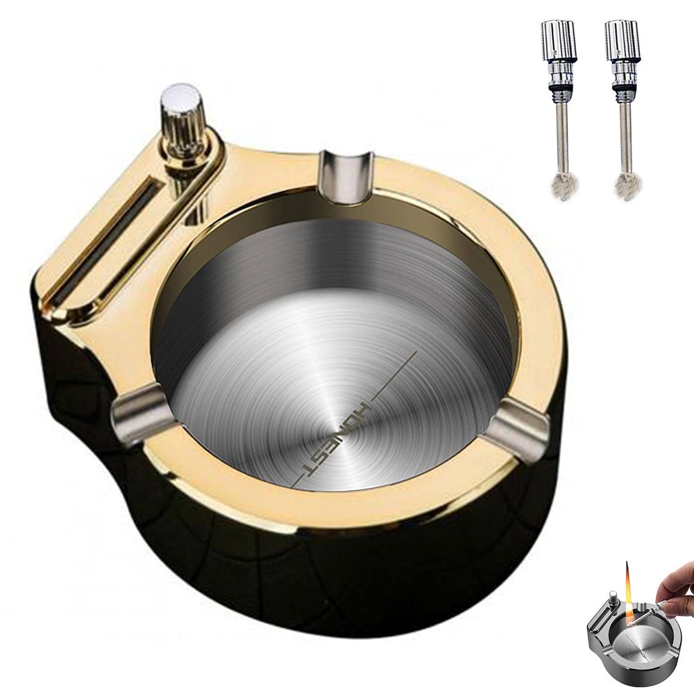 Retro Metal Ashtray with Matches, Stainless Steel Portable Multifunctional Ashtray, Vintage Gift for Men Husband Father Boyfriend Friends (Golden)