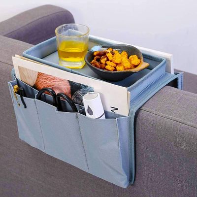 Sofa Couch Armest Organizer with Cup Tray Holder 4 Pockets TV Remote Control Holder Anti-Slip Sofa Armchair Caddy Storage Bag for Smart Phone Books Magazine DVD Drinker Snacks Eyewears (grey)