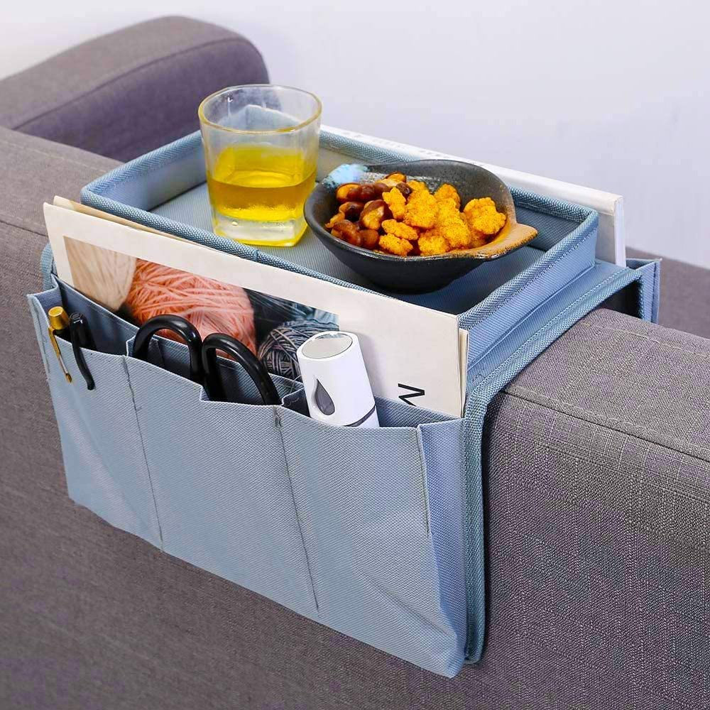 Sofa Couch Armest Organizer with Cup Tray Holder 4 Pockets TV Remote Control Holder Anti-Slip Sofa Armchair Caddy Storage Bag for Smart Phone Books Magazine DVD Drinker Snacks Eyewears (grey)