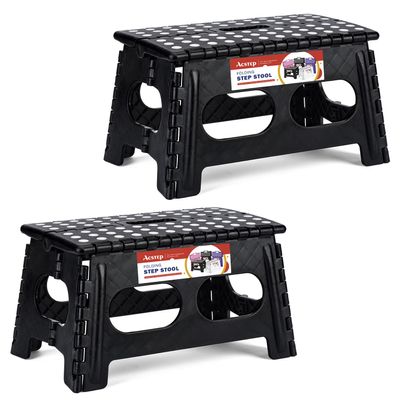 ACSTEP Foldable Step Stool for Kids and Adults,15-Inch Extra Wide 9-Inch Height (2 Pack) More Safe and Comfortable Holds Up to 300 lbs Folding Step Stool for Bathroom, Garden, KitchenBlack