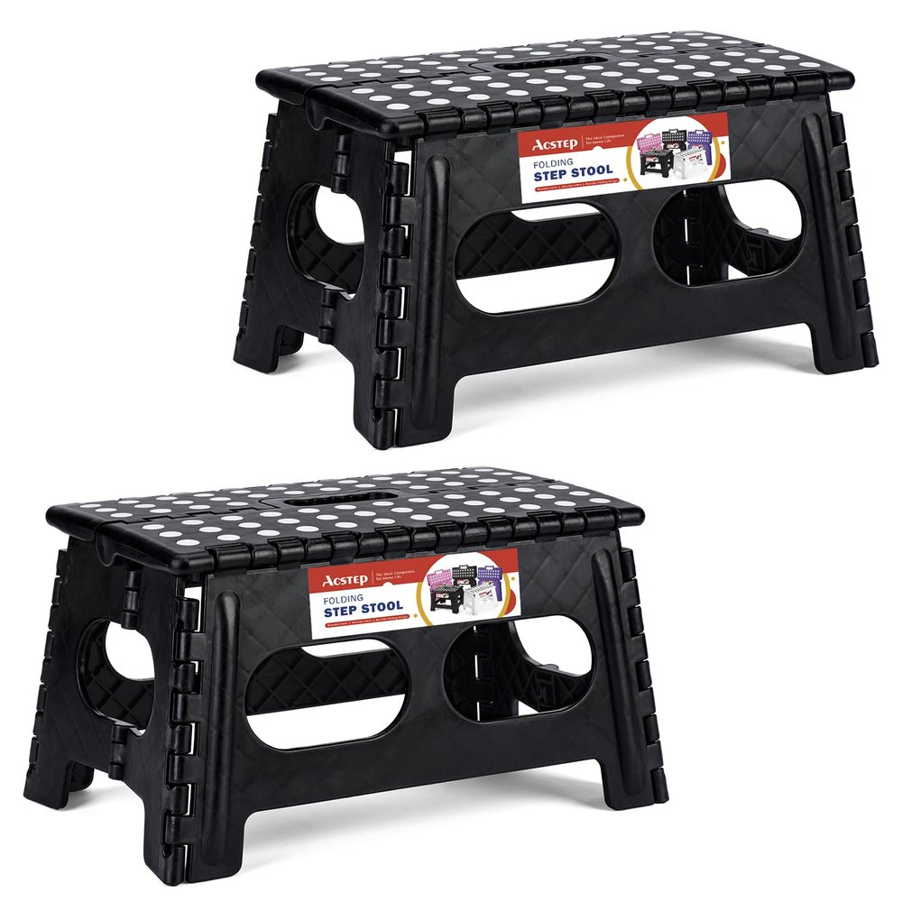 ACSTEP Foldable Step Stool for Kids and Adults,15-Inch Extra Wide 9-Inch Height (2 Pack) More Safe and Comfortable Holds Up to 300 lbs Folding Step Stool for Bathroom, Garden, KitchenBlack