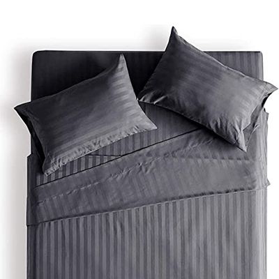 Kamas Cal.King Sheet Sets 4 Pieces 800 Thread Count Egyptian Cotton, Sateen Weave Cotton for Soft & Silky Feel, Fits Mattress Up to 18'' Deep Pocket (California King- 4 PC Sheet Sets, Grey Striped)