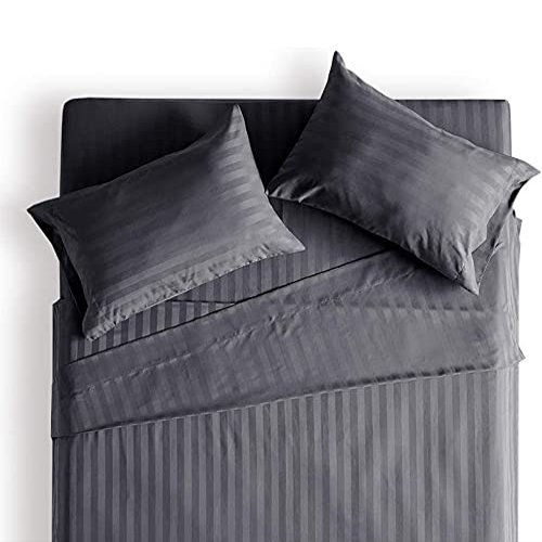 Kamas Cal.King Sheet Sets 4 Pieces 800 Thread Count Egyptian Cotton, Sateen Weave Cotton for Soft & Silky Feel, Fits Mattress Up to 18'' Deep Pocket (California King- 4 PC Sheet Sets, Grey Striped)