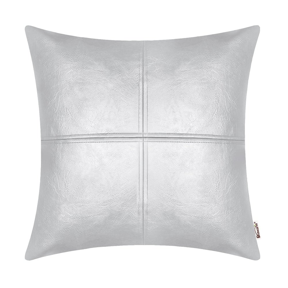 BRAWARM Faux Leather Throw Pillow Covers 16 X 16 Inches, Silver Leather Pillow Cover, Hand Stitched Leather Decorative Pillow Cover for Couch Sofa Bed Living Room Home Garden