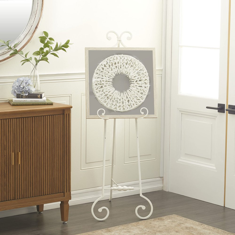 Deco 79 Metal Scroll Display Easel Large Adjustable 3 Tier Floor Standing Easel with Chain Support, Display Stand 17" x 22" x 52", White