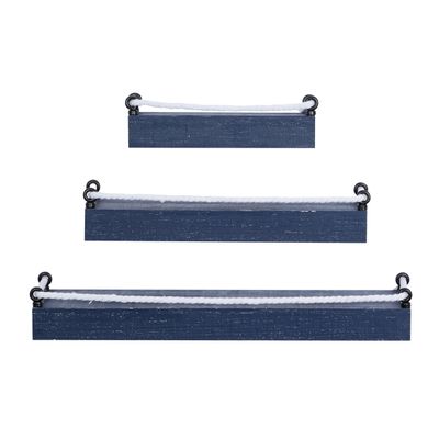 Deco 79 Wood 3 Shelves Wall Shelf with Knotted Rope, Set of 3 32", 25", 17"W, Blue