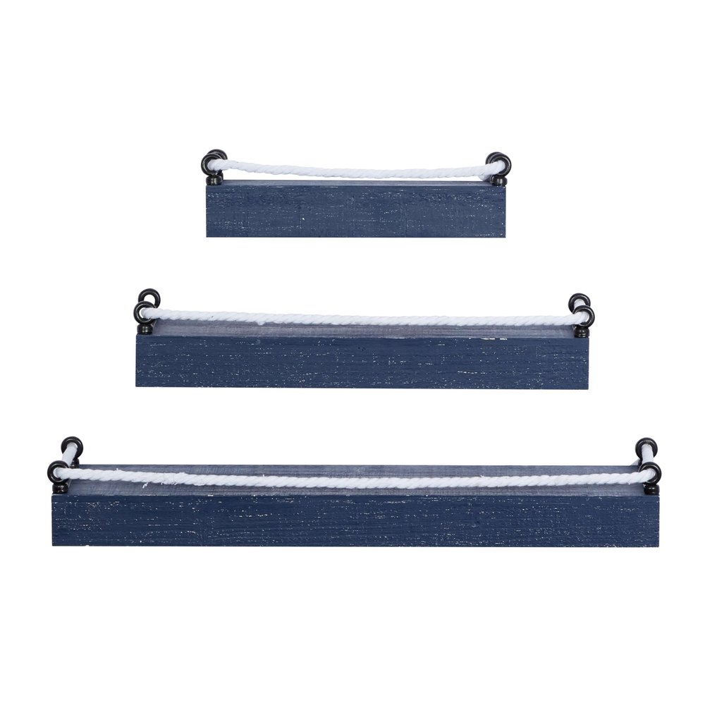 Deco 79 Wood 3 Shelves Wall Shelf with Knotted Rope, Set of 3 32", 25", 17"W, Blue