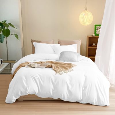 Luxurious 550 Thread Count Organic Cotton 3-PCs Duvet Cover Set with Button Closure, Full/Queen, White Solid