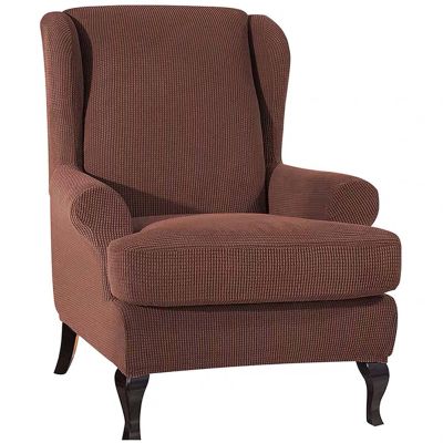 2 Piece Stretch Wing Chair Slipcover, Spandex Jacquard Wingback Chair Cover Soft Anti-Slip Armchair Slipcovers Machine Washable Chair Protectors Cover Great for Reception Living Room Hotel-Deep coffee