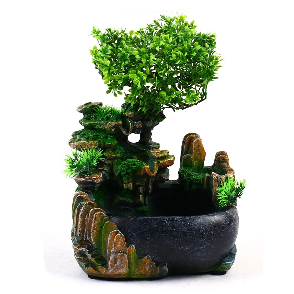 Gdrasuya10 Tabletop Fountain Waterfall, Mini Silent Indoor Waterfall Fountain Zen Meditation Resin Rockery Water Fountain with Atomizer