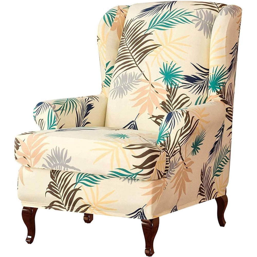 2 Piece Wing Chair Slipcover, Soft Slipcovers Stretch Wingback Chair Cover Anti-Slip Machine Washable Armchair Slipcovers Chair Protectors Cover Couch Covers Great for Reception Cafe Hotel-Yellow