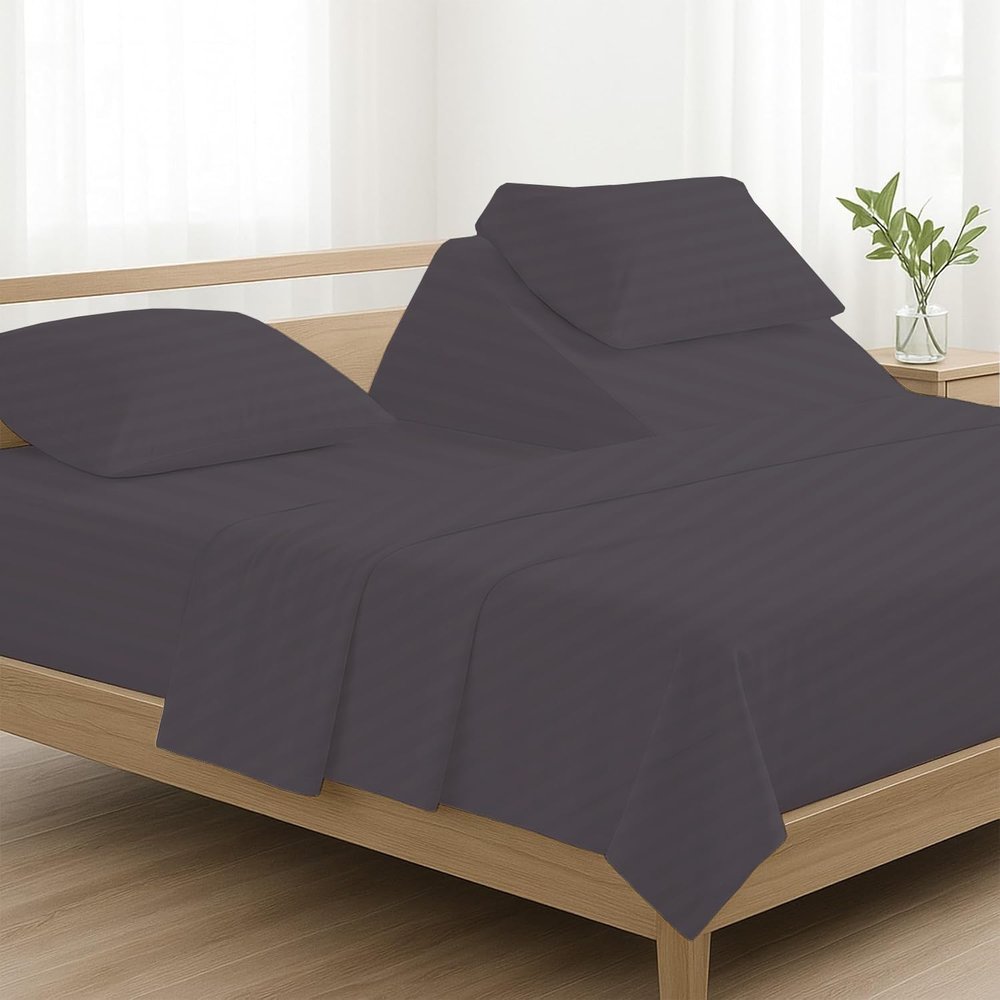 4 Pcs Luxury Split Top Queen 100% Egyptian Cotton 800 Thread Count (Adjustable, Flex Top Queen Size) Split Down 39" inches Sheets for Sleep Number Bed 15" Inch Pocket - Dark Grey Stripe