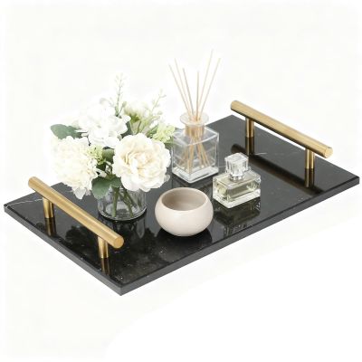 MAOPINER Marble Stone Decorative Perfume Tray with Copper Color Metal Handles, Handmade Jewellery Catchall Trinket Tray for Counter, Vanity, Dresser, Nightstand and Desk (Black)