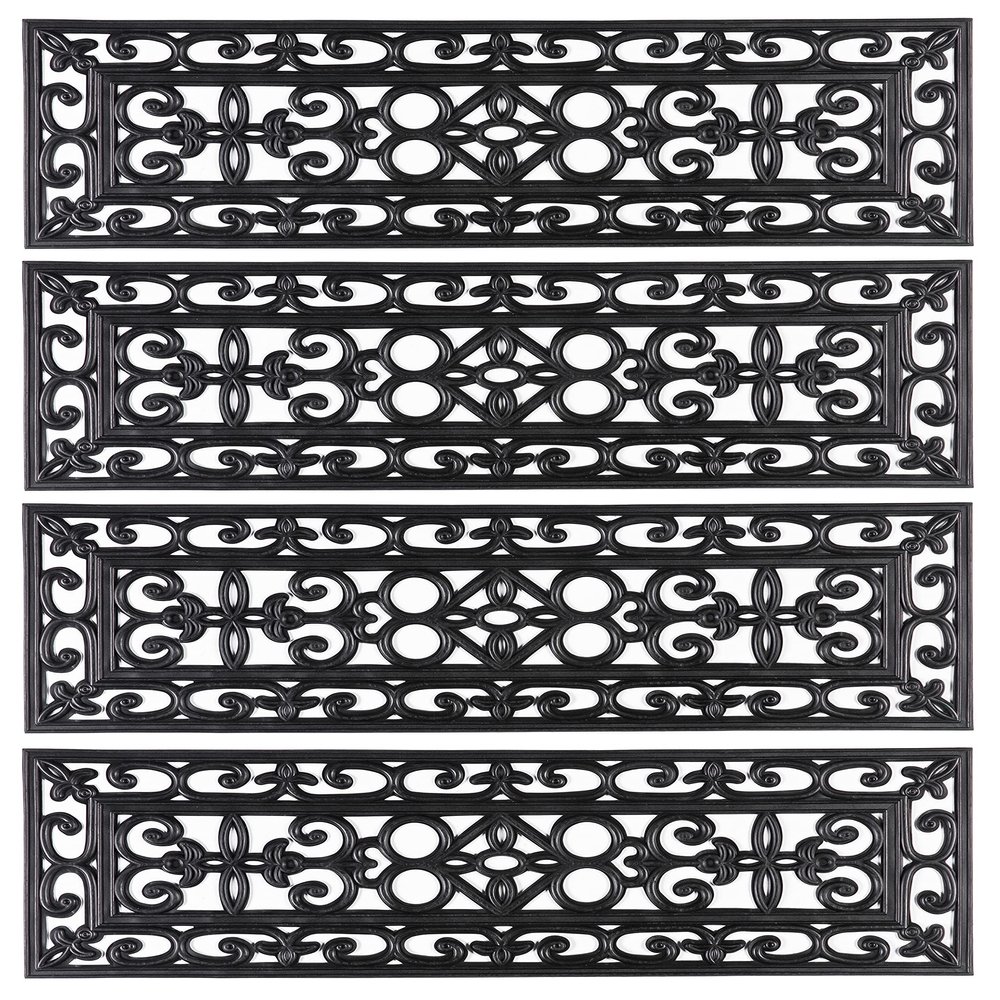Gardenised V003697 Decorative Scrollwork Design Rubber Stairs Anti-Slip Tread Mat Carpet, Set of 4, Black