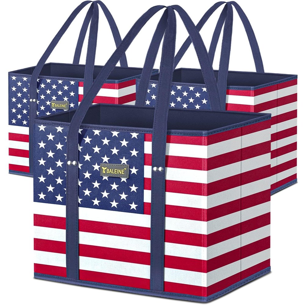 BALEINE 3Pk Reusable Grocery Bags, Foldable Shopping Bags for Groceries with Reinforced Bottom & Handles (Patriot Celebration)