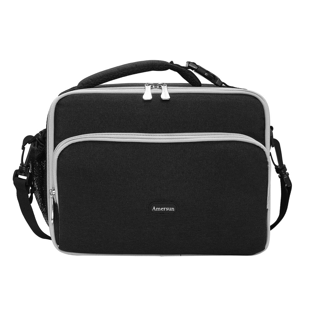 Amersun Boys Girls Lunch Bag, Black with Shoulder Strap, Polyester, Sponge, 10.2"L x 8.2"H x 0.43"W