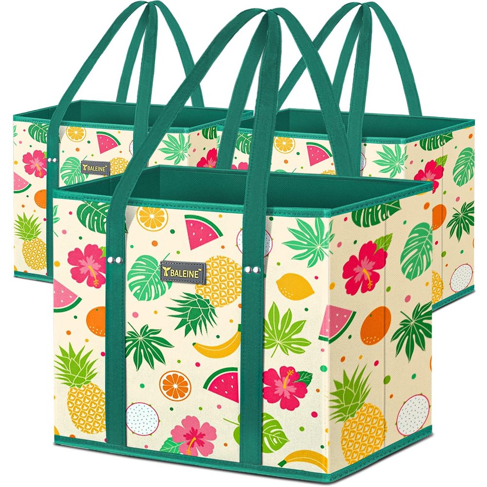 BALEINE 3Pk Reusable Grocery Bags, Foldable Shopping Bags for Groceries with Reinforced Bottom & Handles (Hawaiian Brunch)