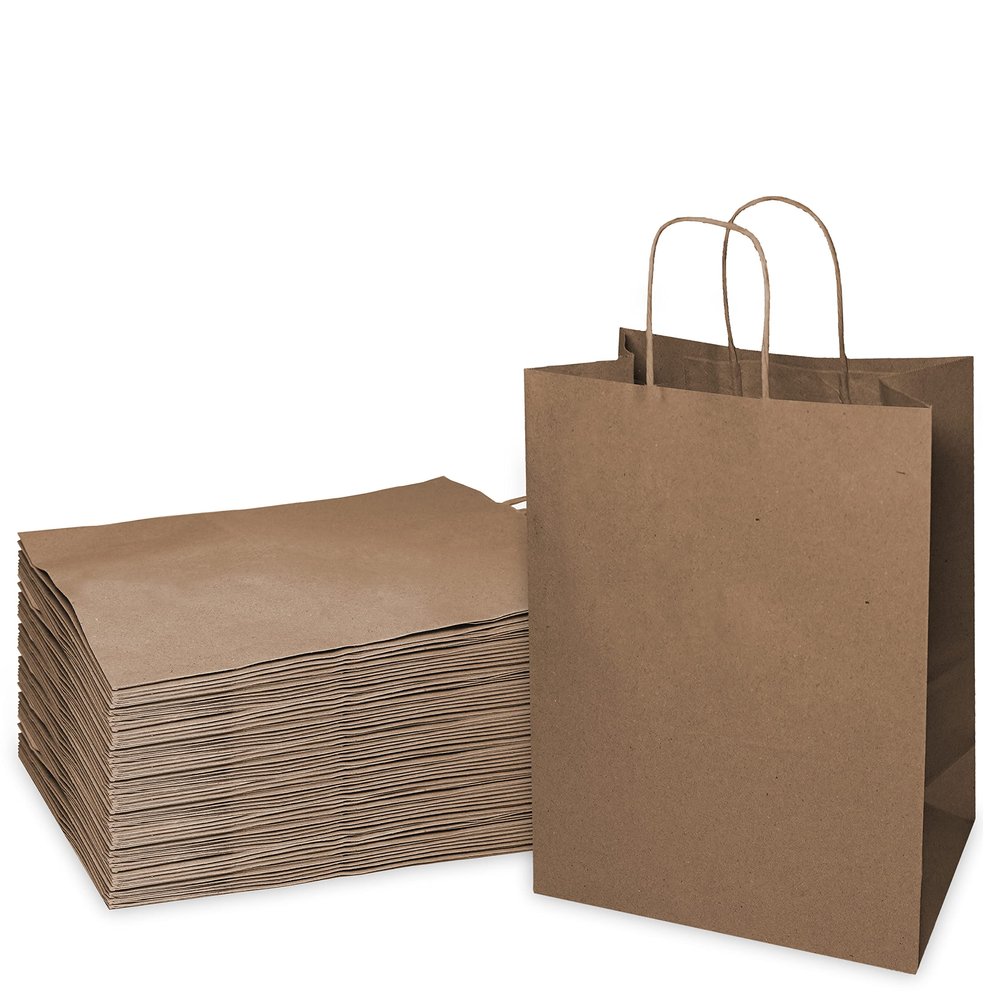 EcoQuality Small Brown Kraft Paper Bags with Handles 8 x 4.5 x 10.25 inches, Shopping, Gift Bags, Party, Merchandise, Lunch Bags, Grocery Bags (100)