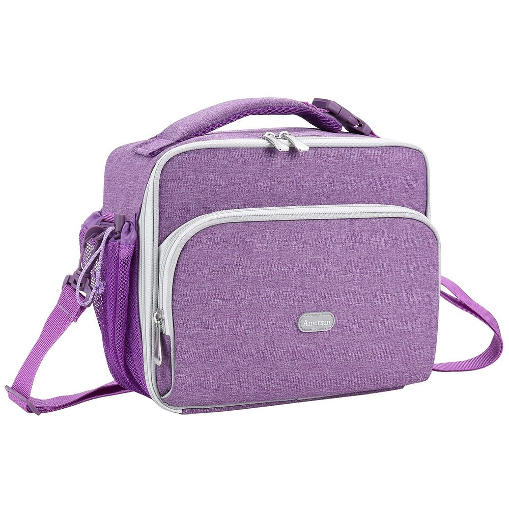 Amersun Boys Girls Lunch Bag, Purple with Shoulder Strap, Fabric Material, Spacious 10.2"L x 8.2"H x 0.43"W