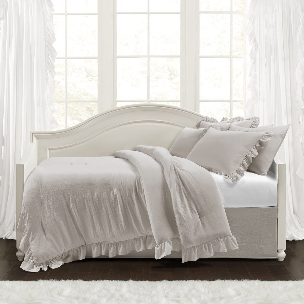 Lush Decor Reyna Ruffle Daybed 6 Piece Set 68" W x 92" L, Light Gray - Gray Bedding Set - Daybed Comforter Set - Ruffled Bedding - Coquette Decor