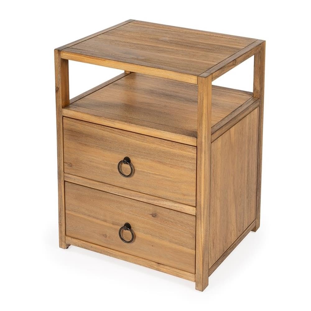 Beaumont Lane Natural Wood Nightstand, 21" W x 17.25" D x 26.5" H, Acacia/Pine Wood, Natural Finish, 2 Drawers with Ring Pulls, Open Shelf, Transitional Style, Bedroom or Living Room Side Table