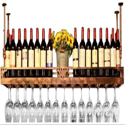 CGF- Wine Racks Adjustable Height, Ceiling Mounted Hanging Wine Bottle Holder Metal Iron Wine Glass Rack Goblet Stemware Racks,Brass,120X35CM