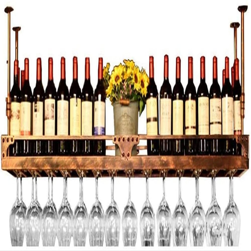 CGF- Wine Racks Adjustable Height, Ceiling Mounted Hanging Wine Bottle Holder Metal Iron Wine Glass Rack Goblet Stemware Racks,Brass,120X35CM