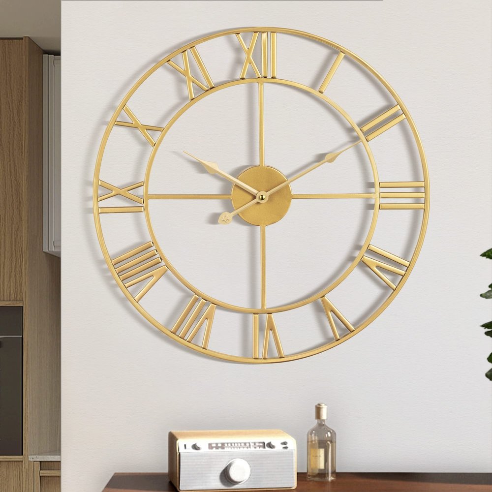 1st owned Large Wall Clock, Metal Retro Roman Numeral Clock, Modern Round Wall Clocks Almost Silent, Easy to Read for Living Room/Home/Kitchen/Bedroom/Office/School Decor (Gold, 18.5 Inch)