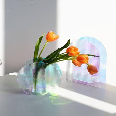 Acrylic Vase, Iridescent Acrylic Ripple Vase, Rainbow Acrylic Vase Minimalist Dcor Artistic Vase (Round Shape)